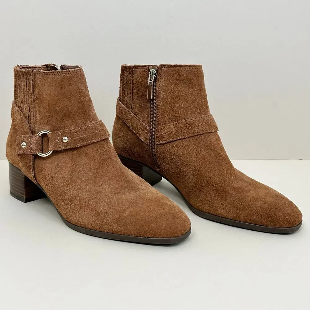 Essex Lane Jacey Genuine Suede Cognac Brown Moto Buckle Block Heel Boots SIZE 7